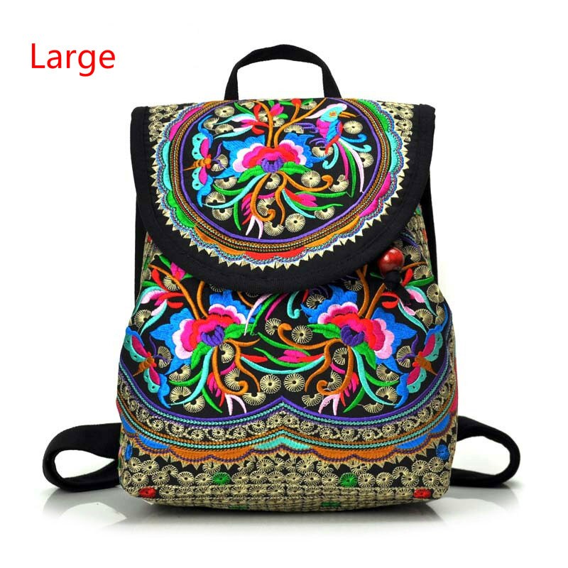 Estilo nacional do vintage feminino bordado étnico mochila artesanal flor viagem bolsa de ombro mochila grande & pequeno: Large