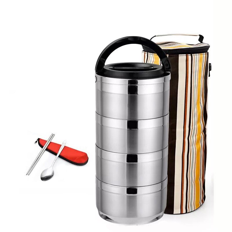 Portable Office Worker Bento Box Stainless Steel Picnic Insulation Leakproof Food Container Kitchen Large Lunch Box Tableware: 4 Layer and Bag Set