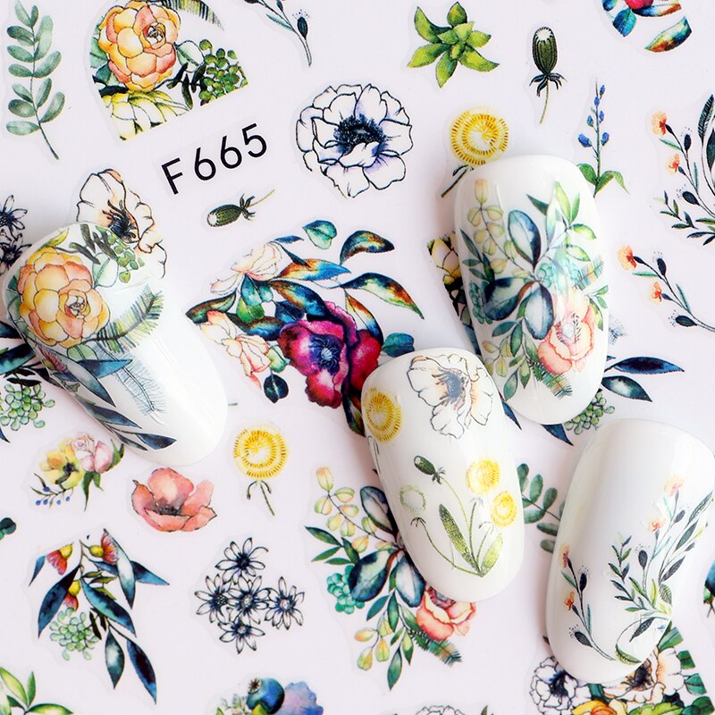 Bloem Serie Nail Zelfklevende Decal Stickers Bloem Bladeren Patroon Met Back Lijm Sticker Nail Art Decoratie F665