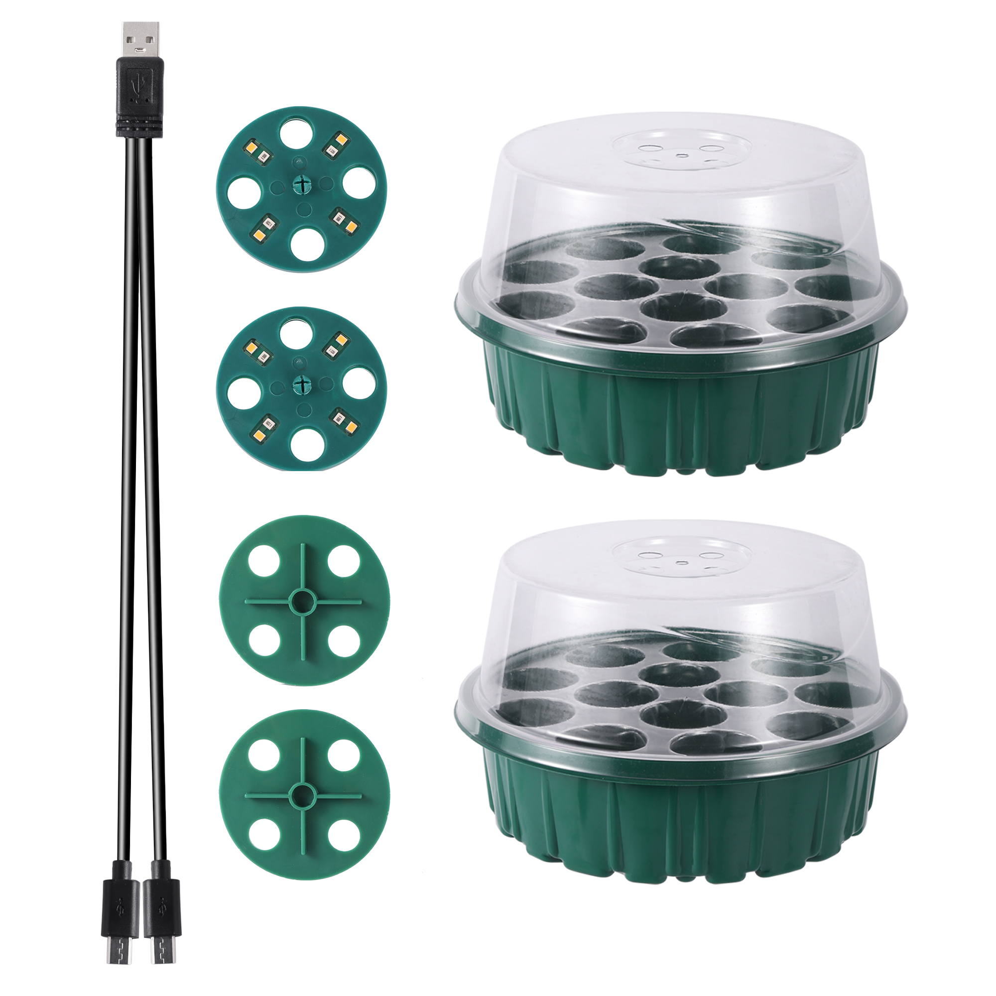 LED Plant Lights Seedling Trays Kit High Cover Propagator Growing Tray Seeds Starter Set Garden Greenhouse Seed Nursery Pots: light green