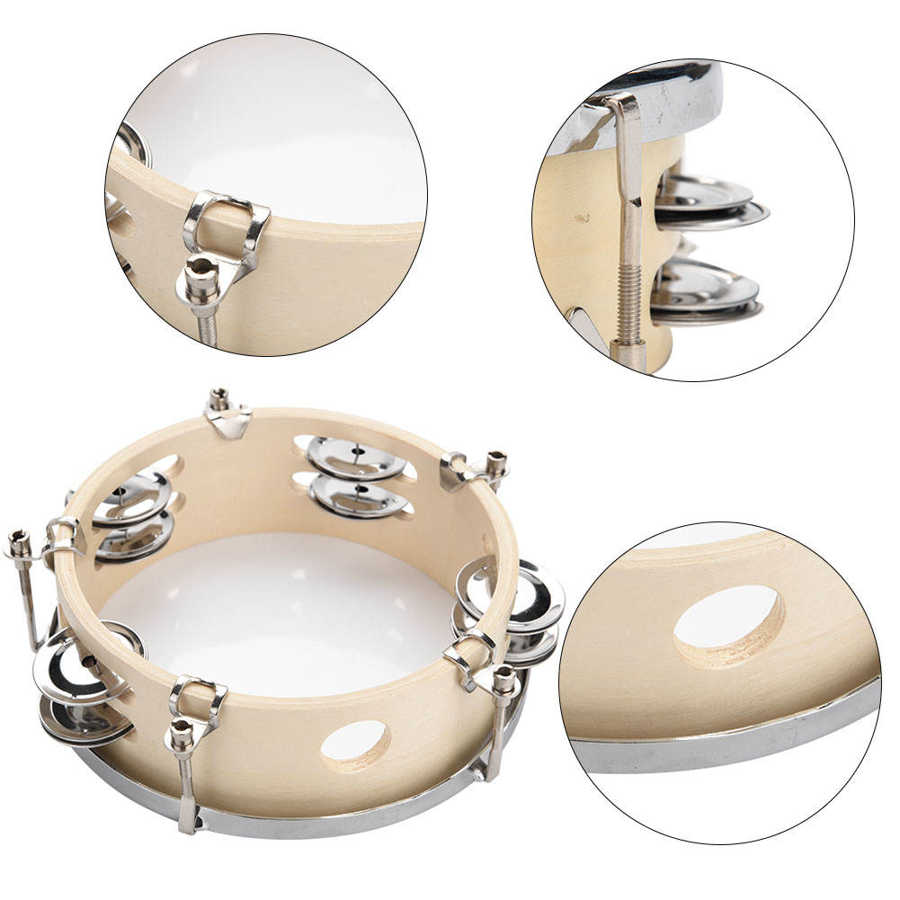 6"/8" Tunable Wood Tambourine Hand Percussion Musical Instrument KTV Rhythm