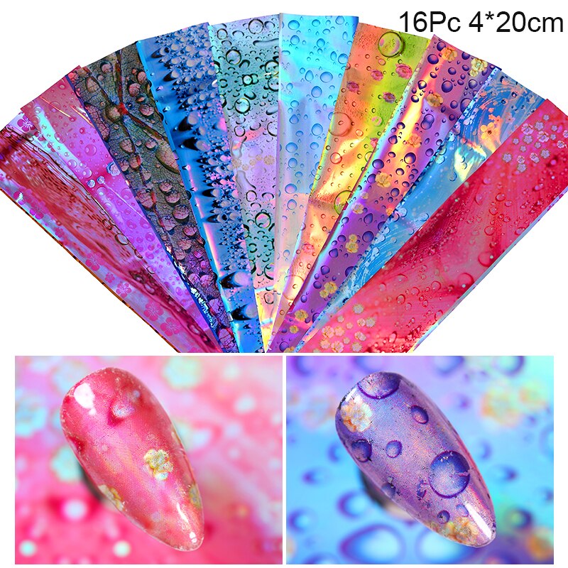 16 Stks/set Holographics Nail Folie Kleurrijke Waterdrop Patronen Nail Transfer Folie Diy Nail Art Decoratie