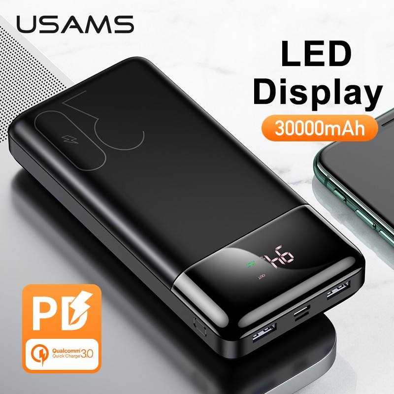 USAMS LED Display 30000mAh Power Bank PD3.0 Dual QC3.0 3A Schnelle Lade Tragbare Batterie für iPhone X 8 Samsung huawei Power