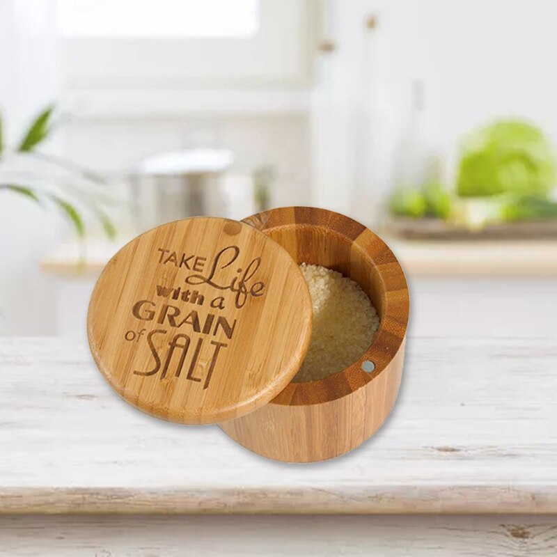 Bamboo Wood Spice Storage Box with Round Swivel Lid Cover Natural and Eco-Friendly Salt Condiment Jar for Chili Curry Sugar