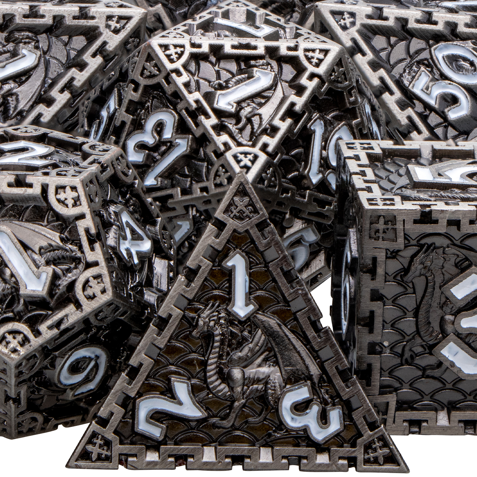 Metal Polyhedral DND Dice Set Dungeon and Dragon D&amp;D Dice for MTG Pathfinder RPG Roll Playing Game D20 D12 D10 D8 D6 D4: Silver White Numbers