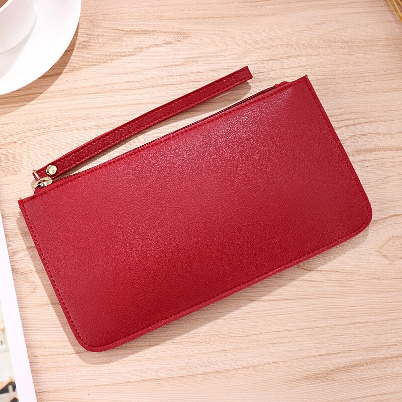Mode Lange Vrouwen Effen Rits Portemonnee Portemonnee Clutch PU Lederen Telefoon Kaarthouder Meisjes Polsbandje Riem tas: Rood