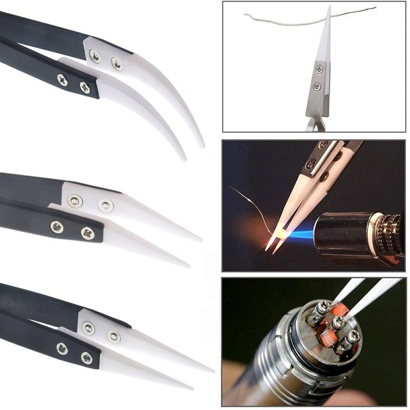 3Pcs Ceramic Tweezers Set, Heat Resistant Non-Conductive Anti-static Curved &amp; Straight Ceramic Tips Precision Tweezers