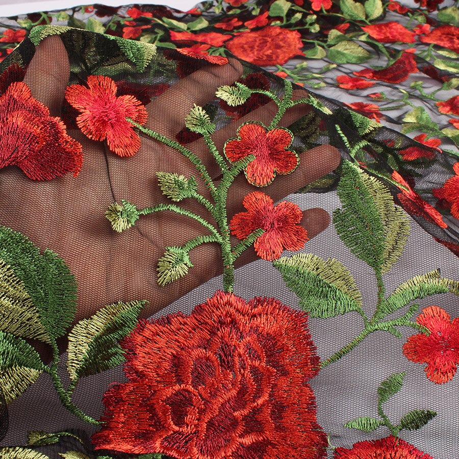 Flower Embroidered Net Yarn Fabric African Wedding Tulle Floral Lace Fabric Diy Craft Patchwork By Yard: No.3 - red flower