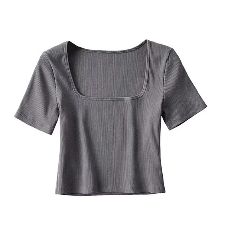 Haut court côtelé à col carré pour femme, t-shirt à manches courtes