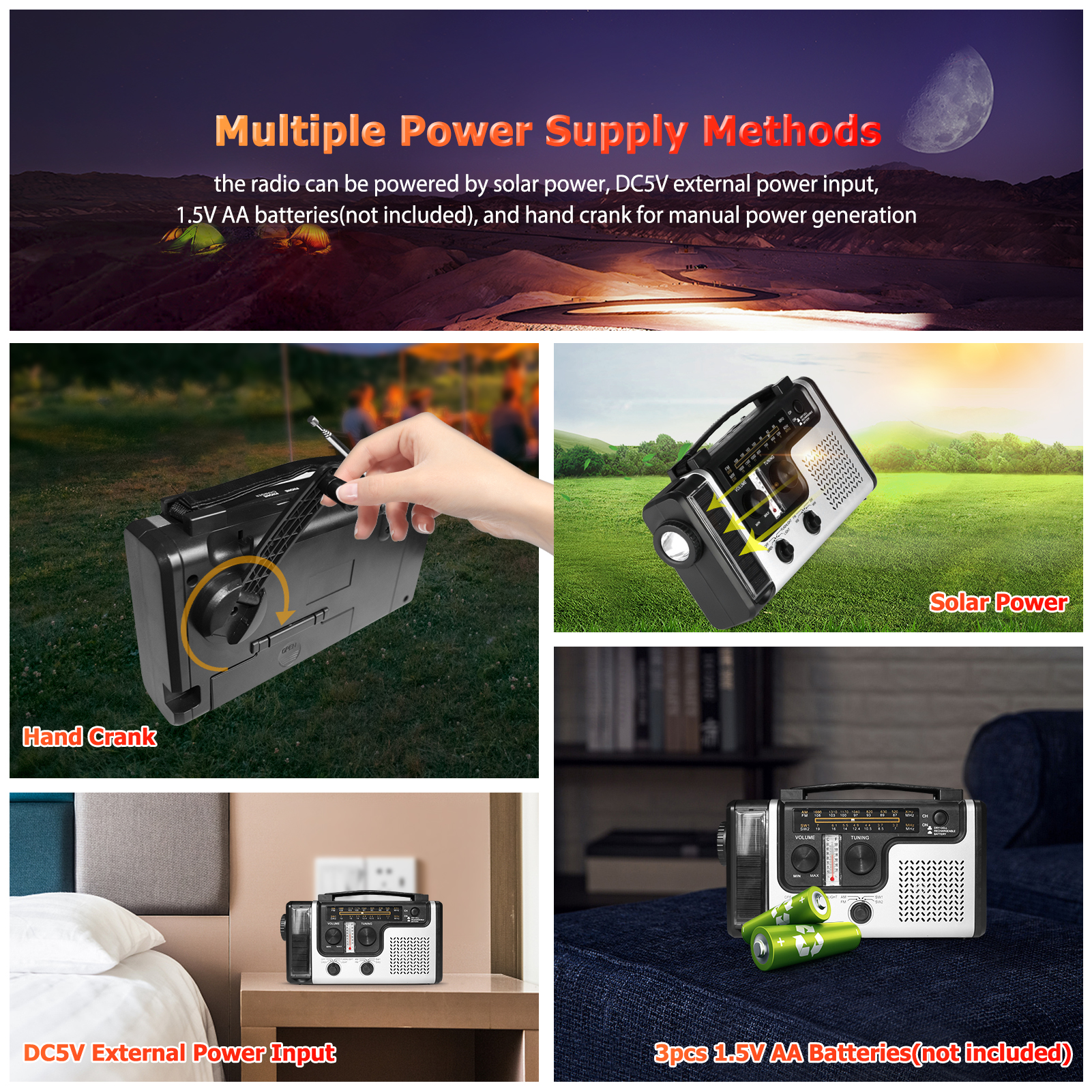 2000mAh Emergency Radio Hand Crank Solar Radio LED Flashlight Reading Lamps SOS Siren AM / FM / SW1 / SW2 World Band Receiver