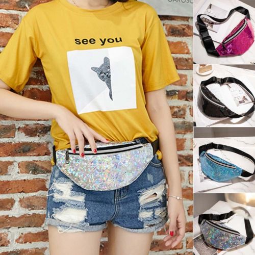 Women Reversible Sequin Glitter Waist Fanny Pack Belt Bum Bag Pouch Hip Purse Messenger Bag Travel Wallet