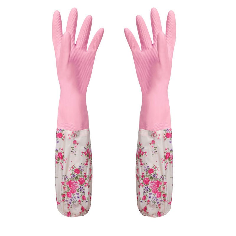 Reusable Rubber Latex Waterproof Dishwashing Gloves Long Cuff and Flock Lining Warm Household Cleaning Gloves Kitchen Tools: Pink