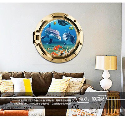 3D submarine window sea wall sticker decals ocean fishes undersea wallpaper kids home livingroom bedroom bathroom decor