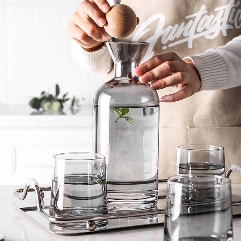 1L Glass Cold Water Kettle and Cup Set Drinkware Pot Juice Household Glass Water Bottles with Wooden Ball Lid Water Cup