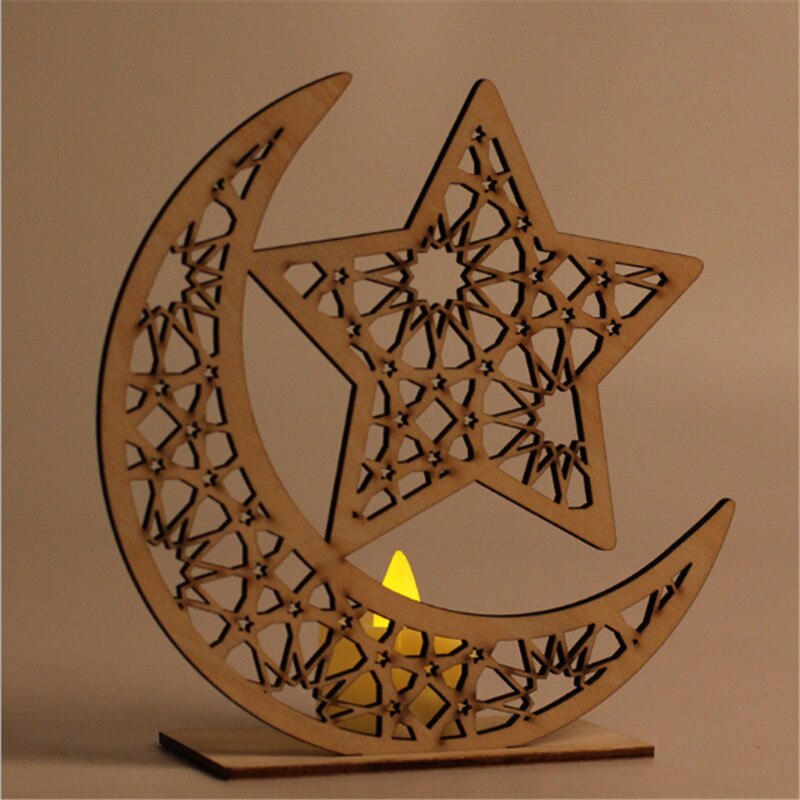 LED Houten Eid Mubarak Plaque Moon Star Ramadan Ornament Moslim Decor Hanger Hout Kunst Ambachten Plaque Opknoping Hanger