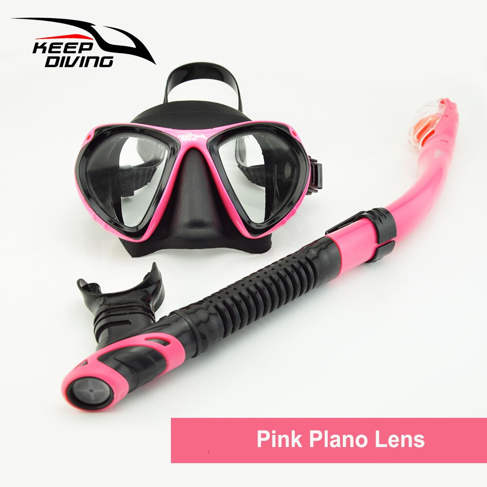 Ensemble de masque complet et pliable, Tube respirant, léger pour plongée sous-marine, apnée, lunettes de natation revêtues: Pink Plano lens