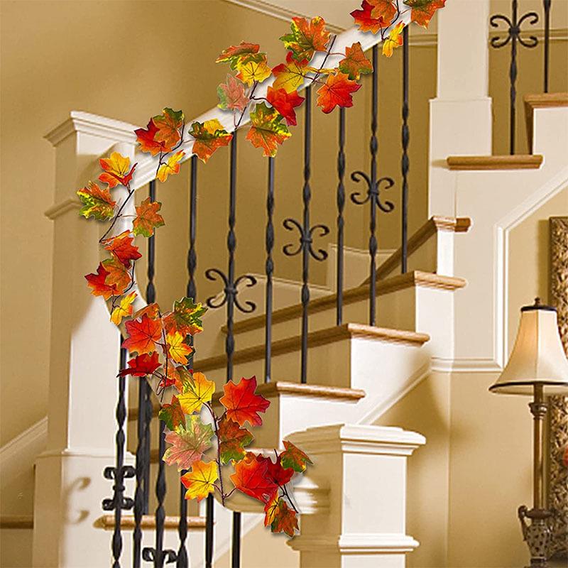 2 Pcs Autumn Maple Leaves Garland Fall Hanging Plant for Home Garden Wall Doorway Backdrop Fireplace Decoration