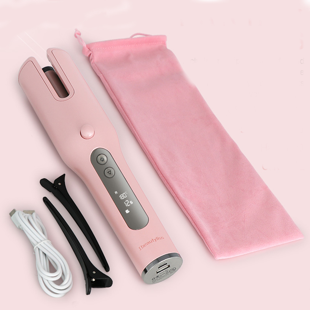 Trådløs krølltang trådløs automatisk hårkrøller strykejern lcd display usb oppladbar luftkrøller for krøller bølger keramisk krøll: Rosa
