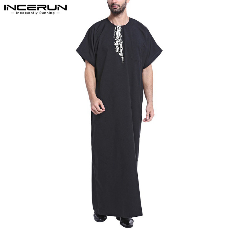 Indiase Kleding Heren Dress Loungewear Moslim Badjas Gown Lounge Saudi Arabische Islamitische Thobe Gewaad Kaftan Korte Mouw Thobe: Black / 5XL