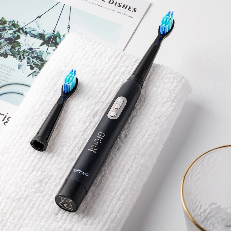 Fairywill-cepillo de dientes eléctrico sónico para adultos, cepillo de dientes blanqueador con temporizador inteligente, resistente al agua IPX7, 2 cabezales reemplazables, batería AAA