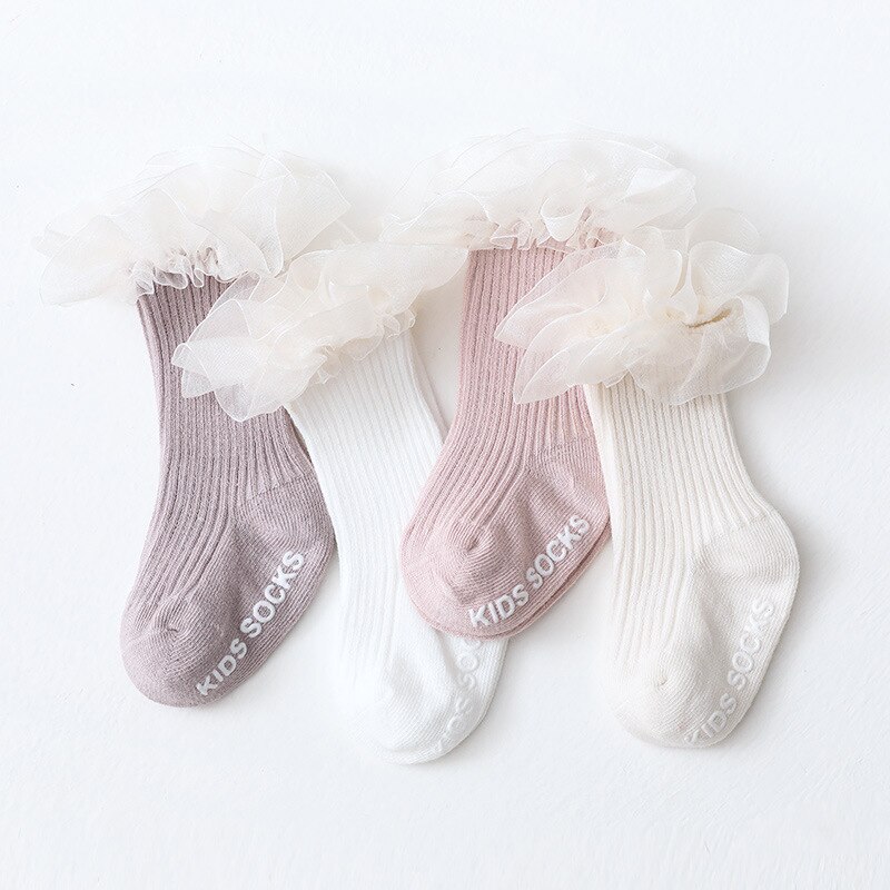 Non Slip Baby Girl Socks Spring Autumn Lace Princess Baby Knee High Socks Solid Color Toddler Kids Long Socks for 0-12M