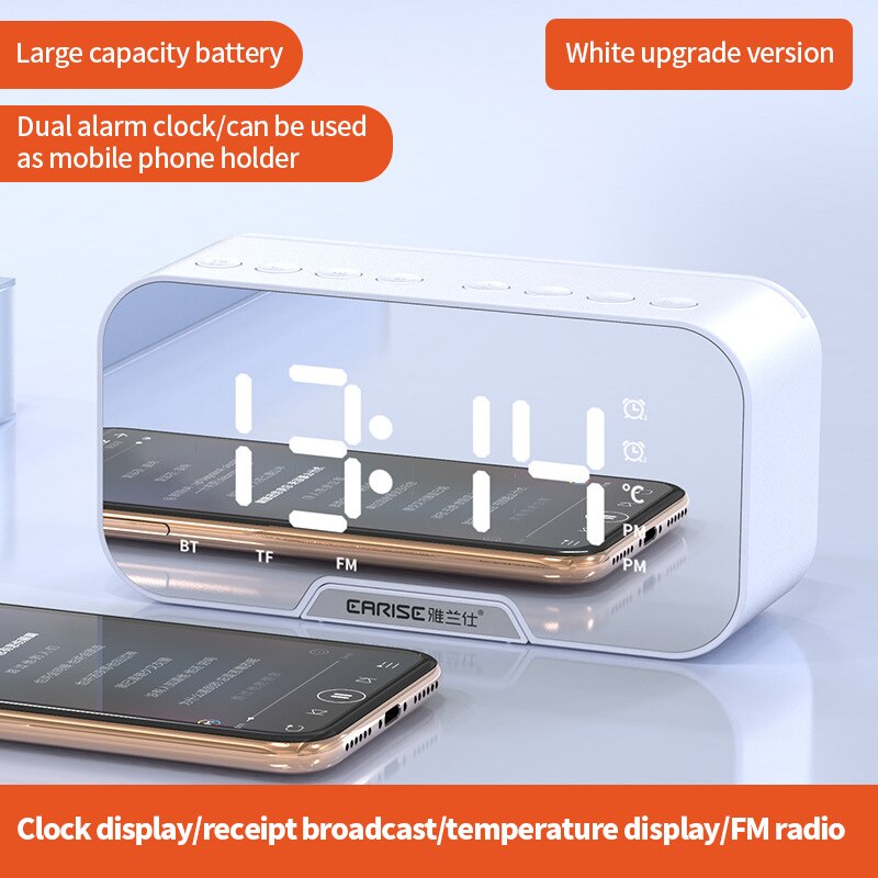 Multifunction Digital Clock Bluetooth Speaker With FM Radio Wireless Subwoofer Music Player Dual Alarm Clock LED Mirror Clocks: white