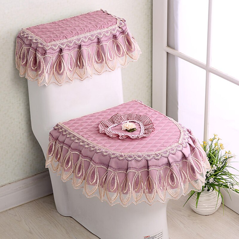 Asiento de inodoro de encaje para baño, cubierta de tanque de agua, Cubierta superior, juego de almohadillas de inodoro, cojín Protector de inodoro con estampado Floral de tres piezas