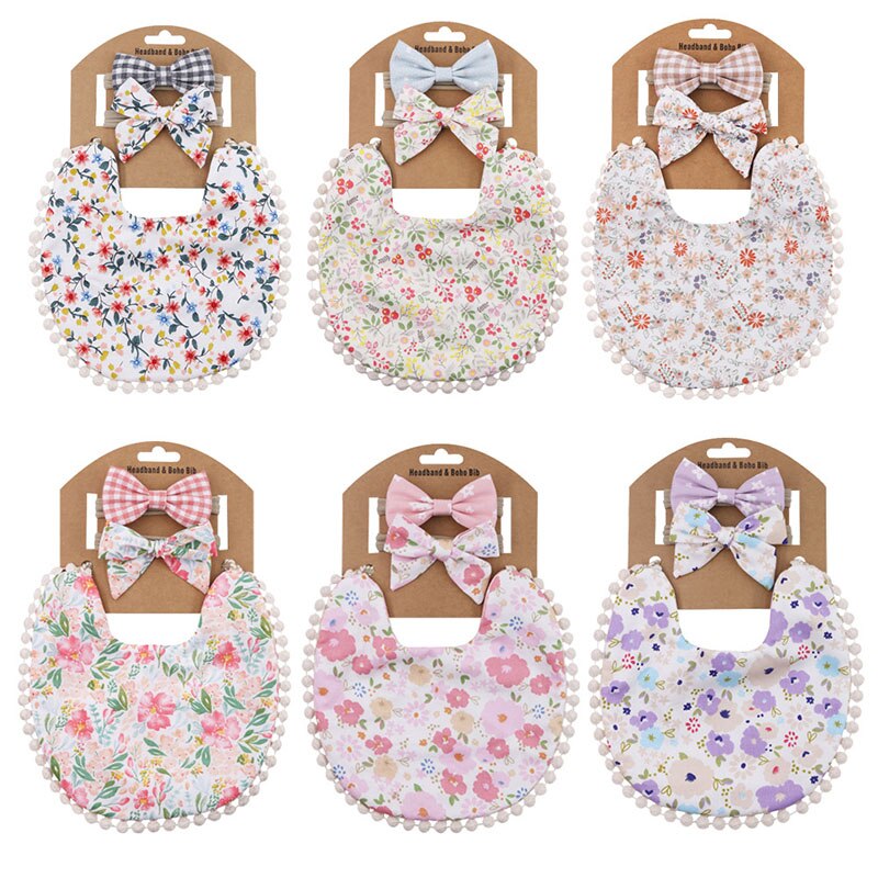 Babadores de algodão para bebês com estampa de flores, 3 peças, conjunto de avental para crianças e meninas, panos para arrotar, turbante, material de alimentação