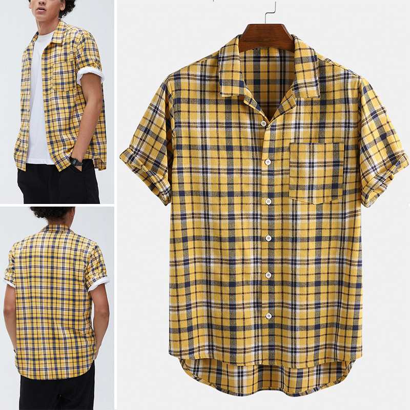 Sommer herre rutete skjorte bomull kortermet jakkeslag pustende skjorter herre ferie uformell streetwear knapp hawaiisk bluse