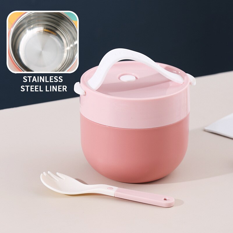 Portable Soup Cup Lunch Box Stainless Steel/Plastic Thermos Mug Food Container Thermal Cup Vacuum Bento Box With Spoon For Kids: B-Pink