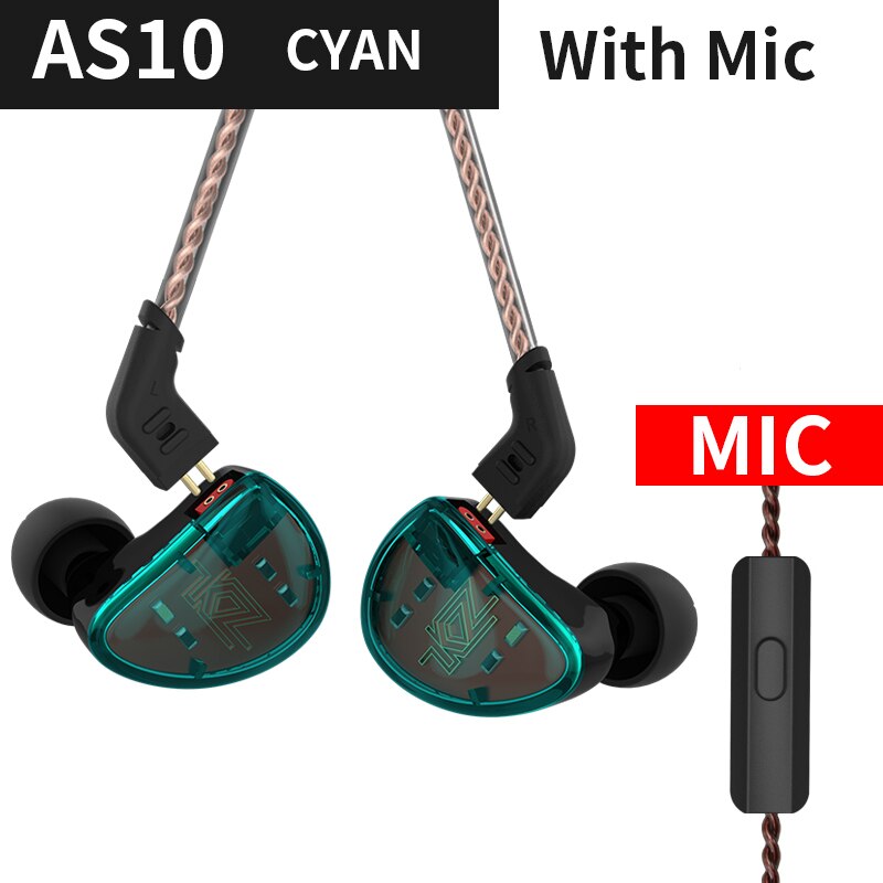KZ As10 5BA+5BA For Phones And Music Noise Cancelling Sports Dynamic Hybrid 5 Balanced Armature Driver Monitor Earphone: as10cyanwithmic