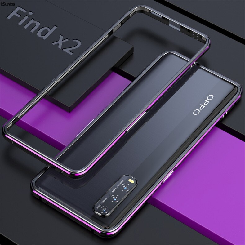 Luxury Ultra Thin aluminum Bumper Case for OPPO Find X2 Case 6.7-inches+ 2 Film (1 Front +1 Rear): Purple Black / Only Case