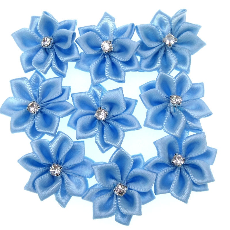 40Pcs Blue Small Satin Flowers Fabric Rhinestone Flowers Appliques Sewing Decoration Wedding Garment 2.8cm