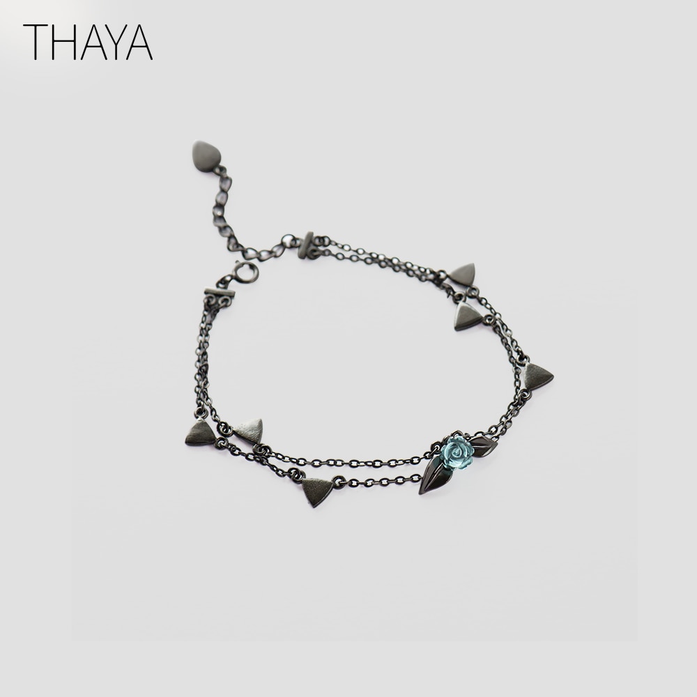 Thaya 100% 925 Silber Dornen Rose Armbinde Zwei Schicht Kristall Blume Schwarz Kette Verknüpfung Armbinde für Frauen Schmuck Korea stil