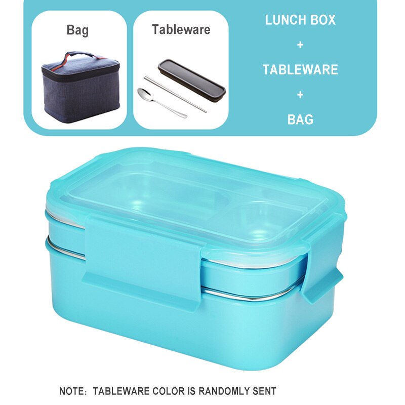 Guret tålig matlåda i rostfritt stål tvålagers matbehållare bärbar läckagesäker isolering barn student vuxen bento box: Blåväska porslin