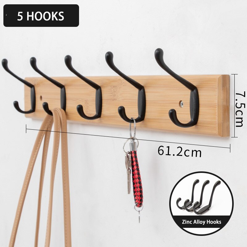 Gancho de parede de madeira ganchos de gancho de chave de armazenamento de roupas organizador de parede de metal ganchos duplos para pendurar roupas decoração para casa: Bamboo Color 5 Hook