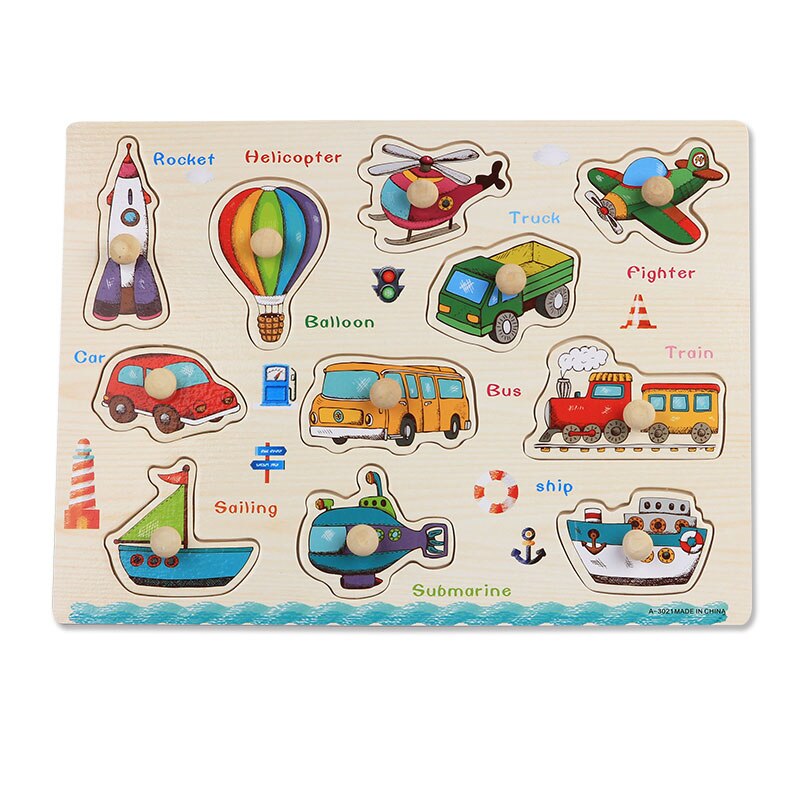 Baby Wooden Toys Montessori Wooden Puzzles Hand Grab Board Set Educational Toy Cartoon Vehicle Marine Animal Puzzle Child