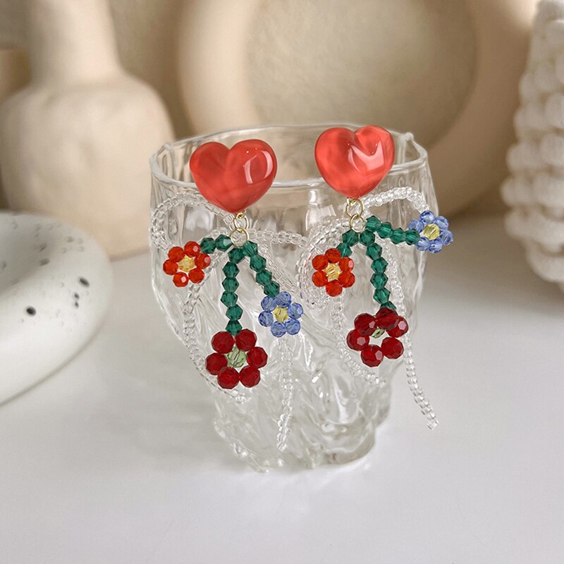 Pendientes colgantes de cristal para mujer y niña, aretes de resina con forma de corazón, flor, rojo, Vintage, francés, accesorios de joyería,: Default Title