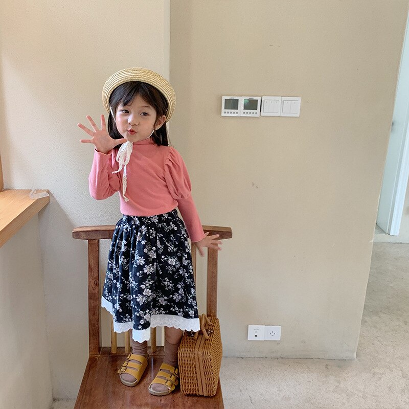 Flickor höstkjol bomull stil spets barn blommiga kjolar liten flicka prinsess kjol småbarn barn ledig tyg