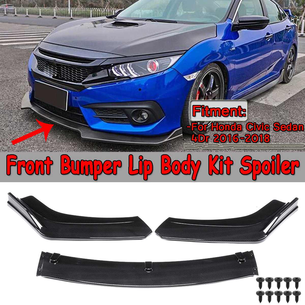 Carbon Fiber Look / Black 3pcs Car Front Lower Bumper Lip Spoiler Body Kit For Honda For Civic Sedan 4Dr