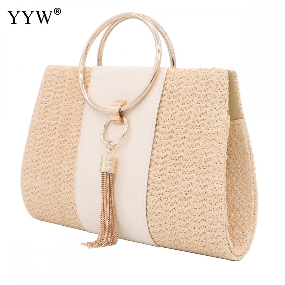 Summer Straw Women Evening Clutches Bag PU Leather Female Gold Tassel Weave Bag Ladies Envelope Purse For Party Handbags Yellow