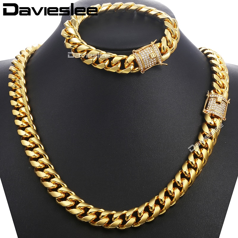 Davieslee-Conjunto de joyería para hombre, juego de collar y pulsera con cadena de eslabones cubanos de Miami Curb, CZ, oro, 14mm, DGS284