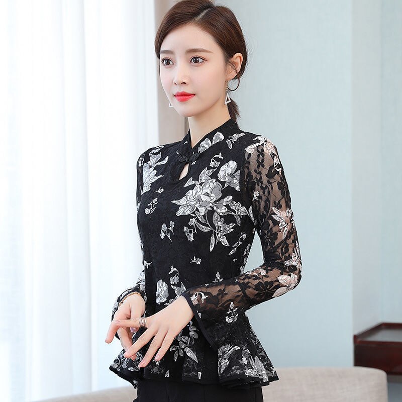 Camisa de estilo Oriental para mujer, blusa tradicional de flores, camisas de Hanfu de talla grande 3XL, Top de encaje , ropa tipo Tang