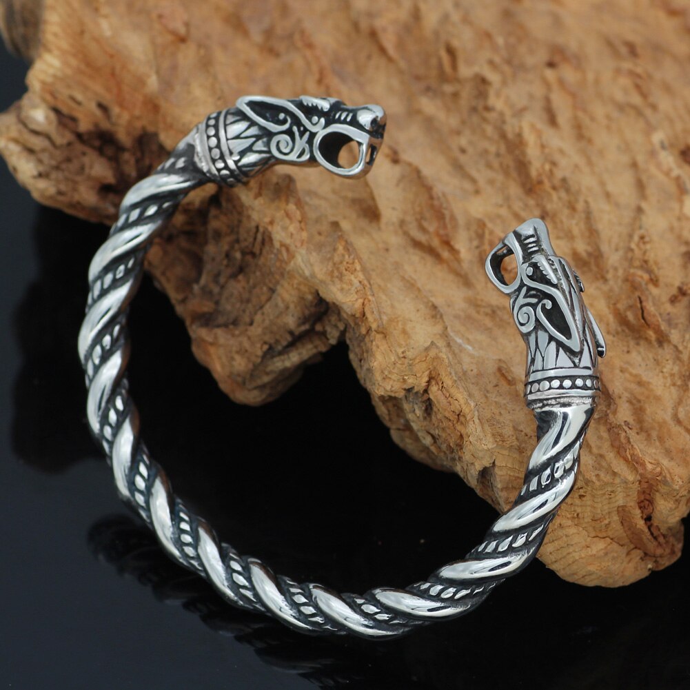 Nordic Viking Norse Dragon Scandinavian Bracelet Men Wristband Cuff Bracelets with valknut bag: Stainless stee