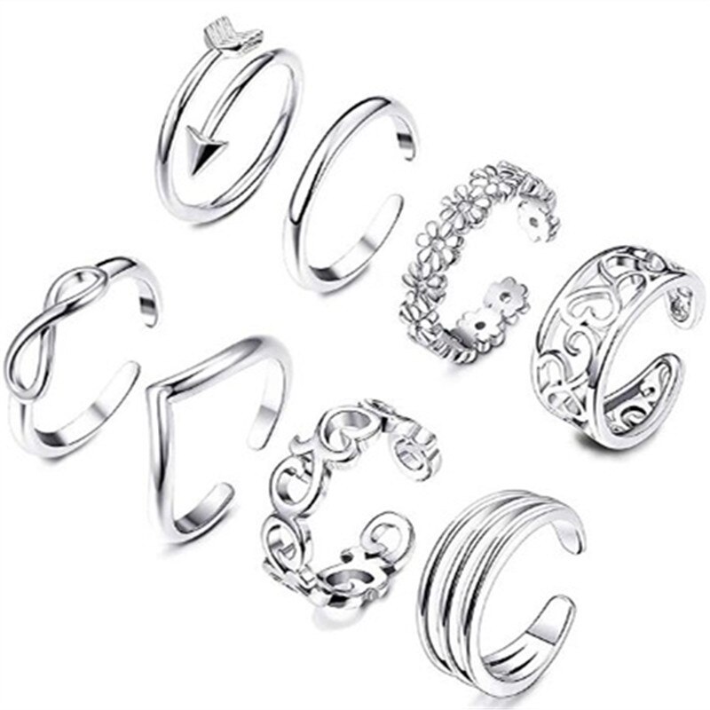 925 Sterling Silber Sommer Strand Knöchel Fuß Ring Offene spitze Ringe 8 teile/satz für Frauen Mädchen Finger Einstellbare Schmuck