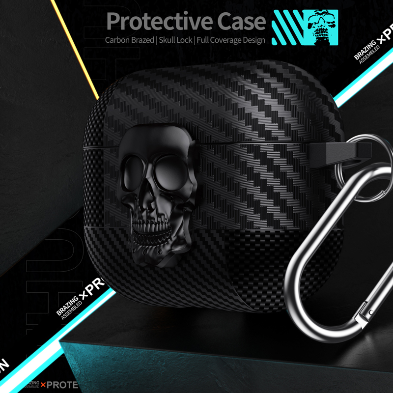 Pak Thug Skull Series Hoofdtelefoonhoes voor Airpods 4 Magnetische hoofdtelefoonhoes voor Airpods Pro 2 3 2 1 Koolstofvezelhoes met haak