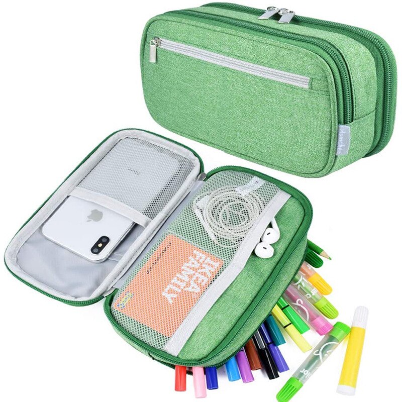 Estuches de lápices de gran capacidad de nailon, caja de bolígrafos para niñas y niños, Kawaii, bolsa de almacenamiento multifunción de Color sólido, papelería para estudiantes: Green