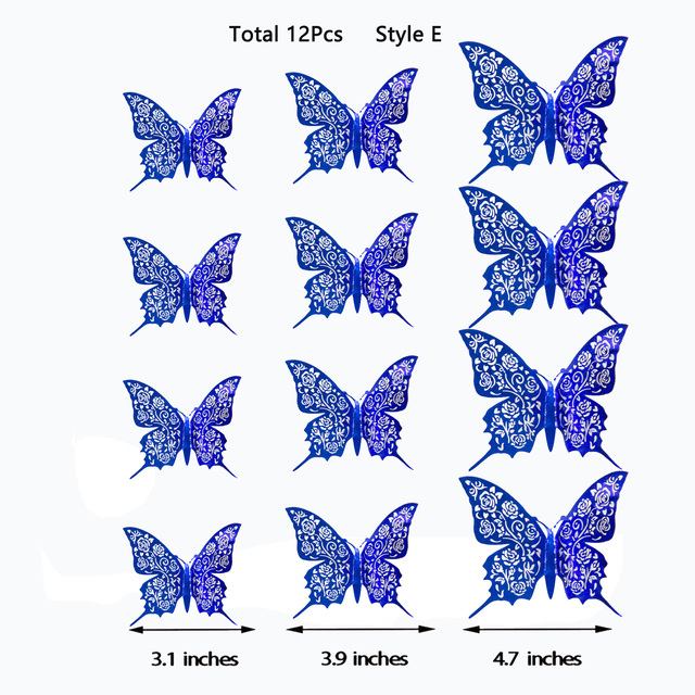 3D Royal Blue Hollow Paper Rose Flower Butterfly Wall Sticker Living Home Decoration Wedding Butterflies Decals: Royal Blue Style E