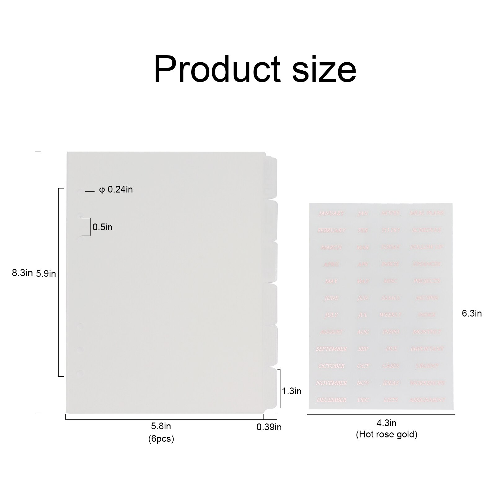 Plastic A5 Ringband Verdelers Voor Bindmiddelen Met 6 Stuks Tab En 1 Vel Rose Gouden Stickers