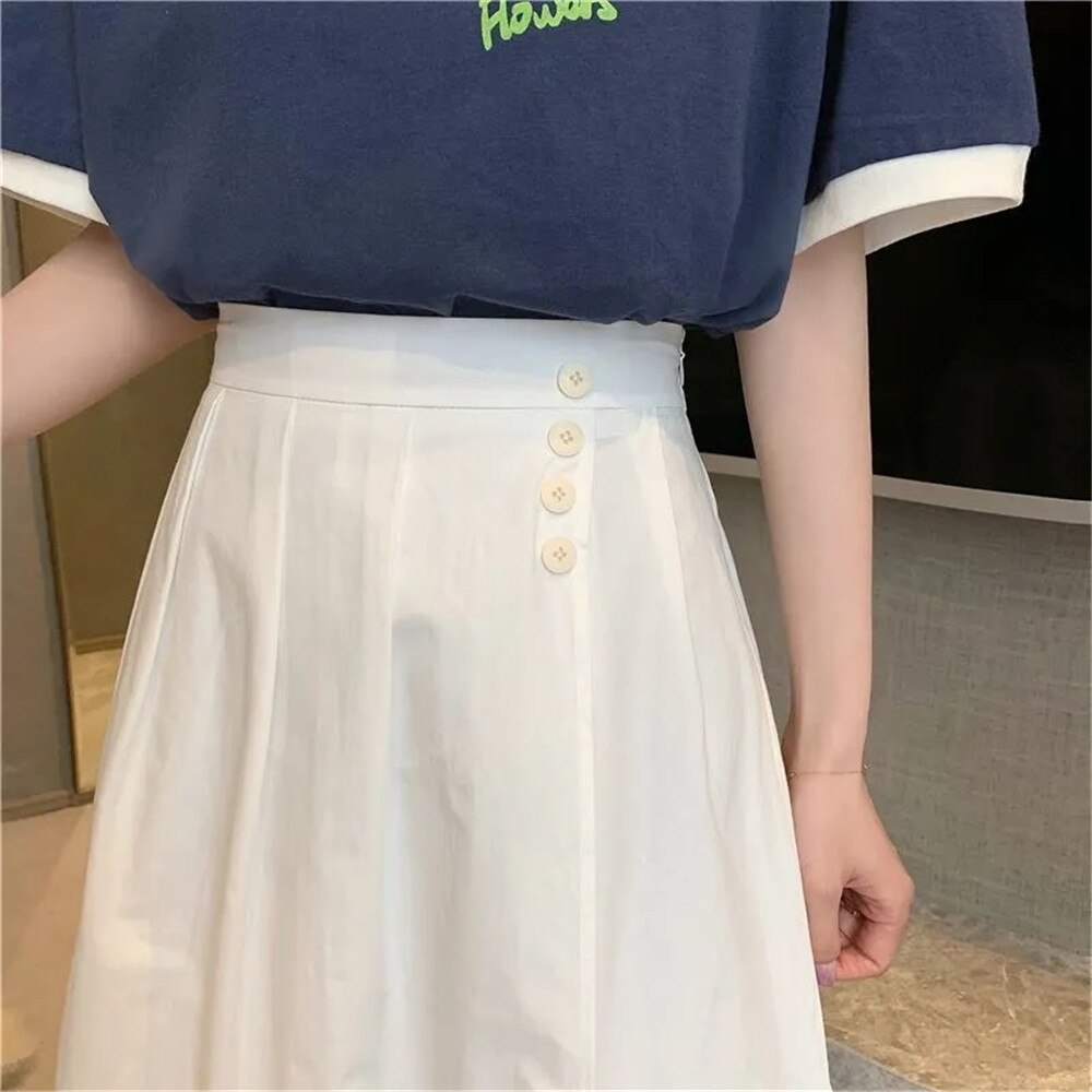 Letnia jednokolorowa plisowana spódnica wysokiej talii guziki żółte niebieskie białe długie spódnice damskie koreańskie Casual dzikie spódnice trapezowe Streetwear